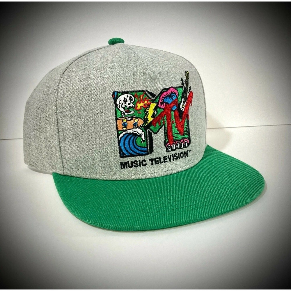 New MTV SNAPBACK HAT heather gray green flat bill retro 90s tv music Unisex